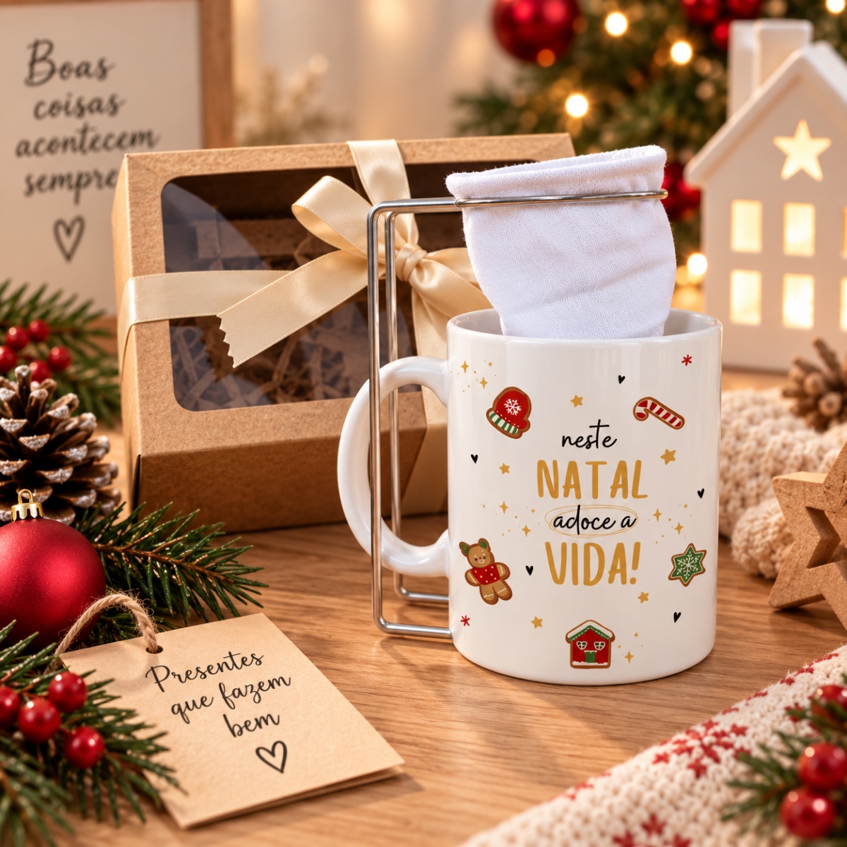 Kit Caneca Personalizada com Mini Coador Natal