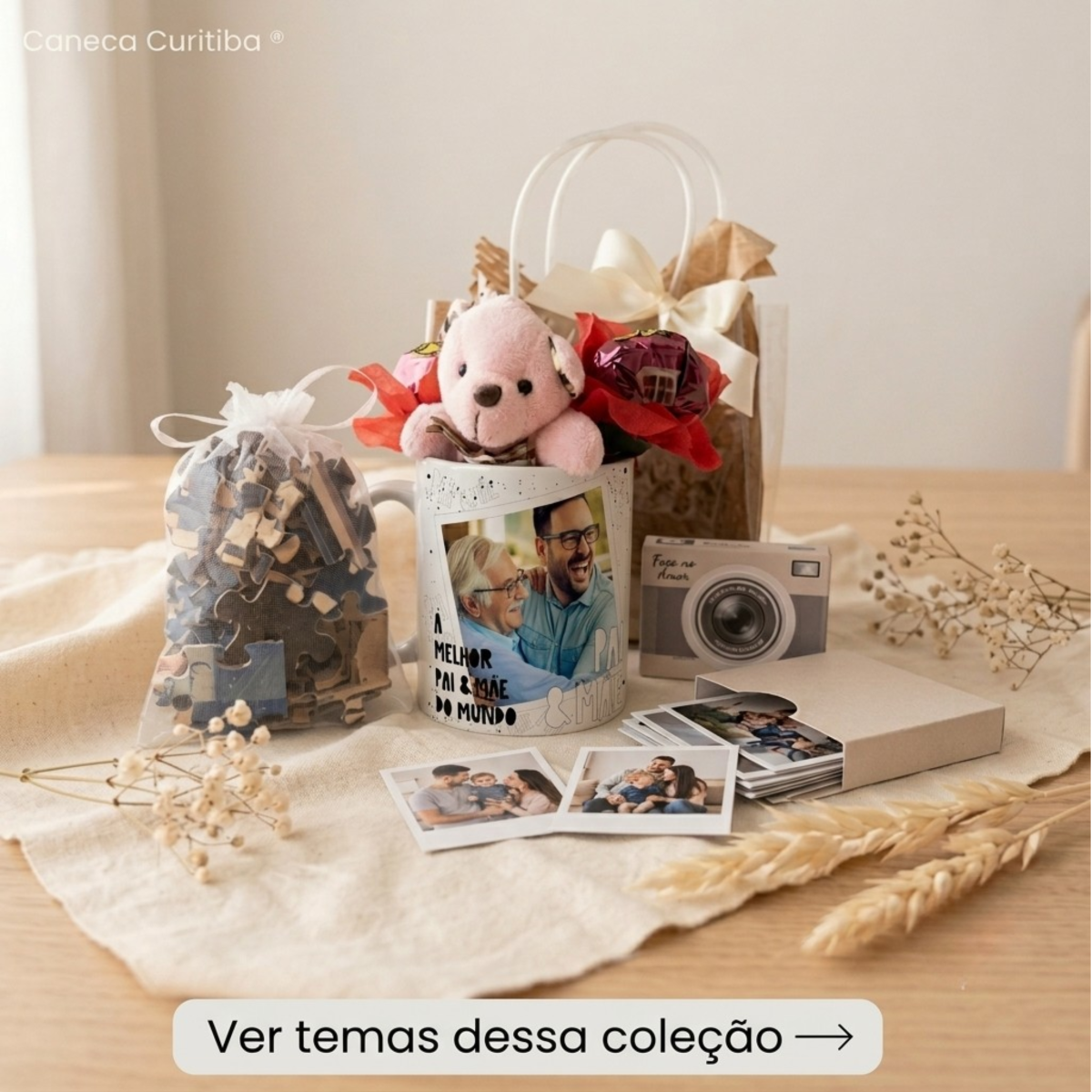Kit Presente Dia dos Pais Caneca, Quebra-Cabeça Personalizado Ímãs e Ursinho