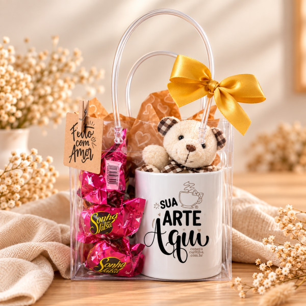 Kit Presente Caneca Personalizada com Bombons Sacola Pvc