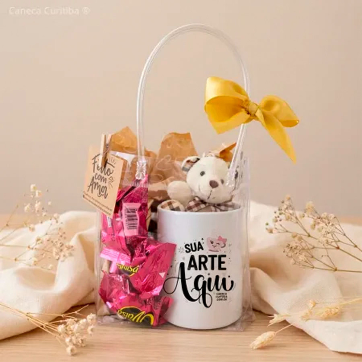 Kit Presente Caneca Personalizada com Bombons Sacola Pvc