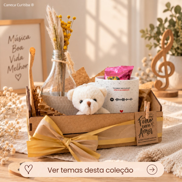 Kit Foto e Música Caixotinho MDF com Caneca Personalizada, Ursinho e Mimos
