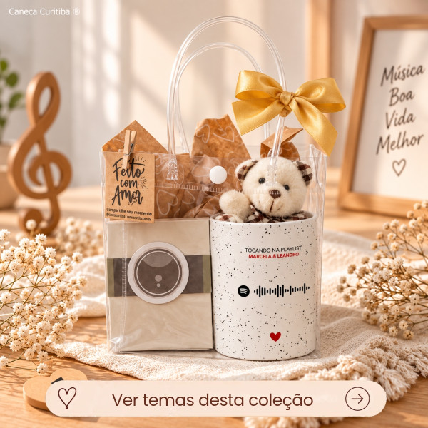 Kit Foto e Música Caneca Personalizada e Ímãs com Foto em Sacola PVC 