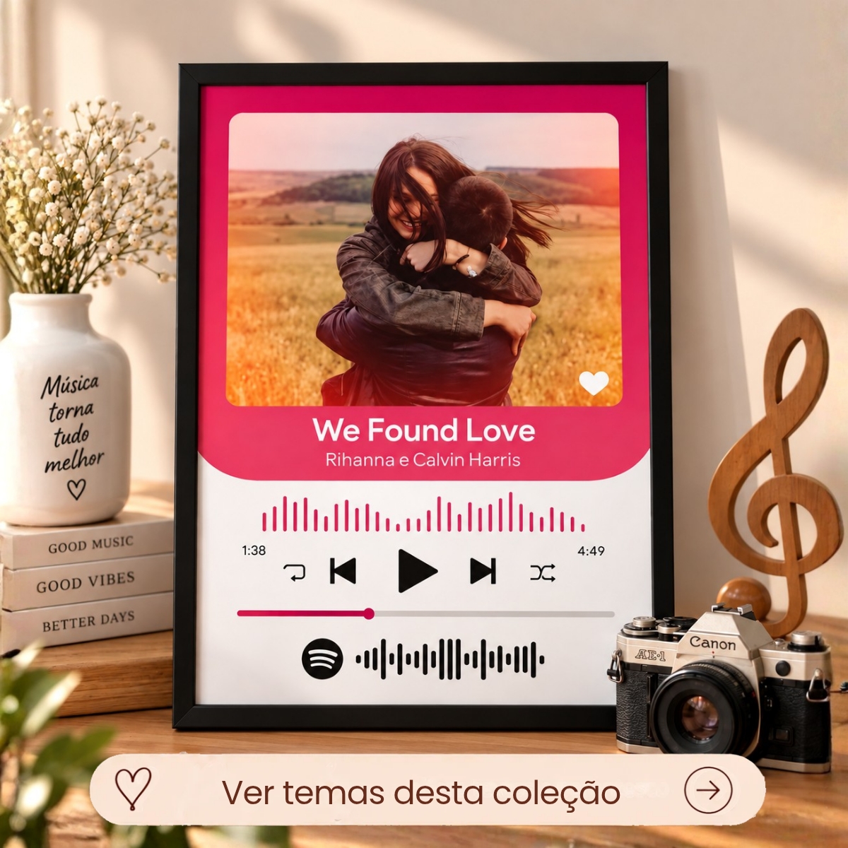 Quadro Foto e Música Personalizado com Foto e Moldura Preta A4
